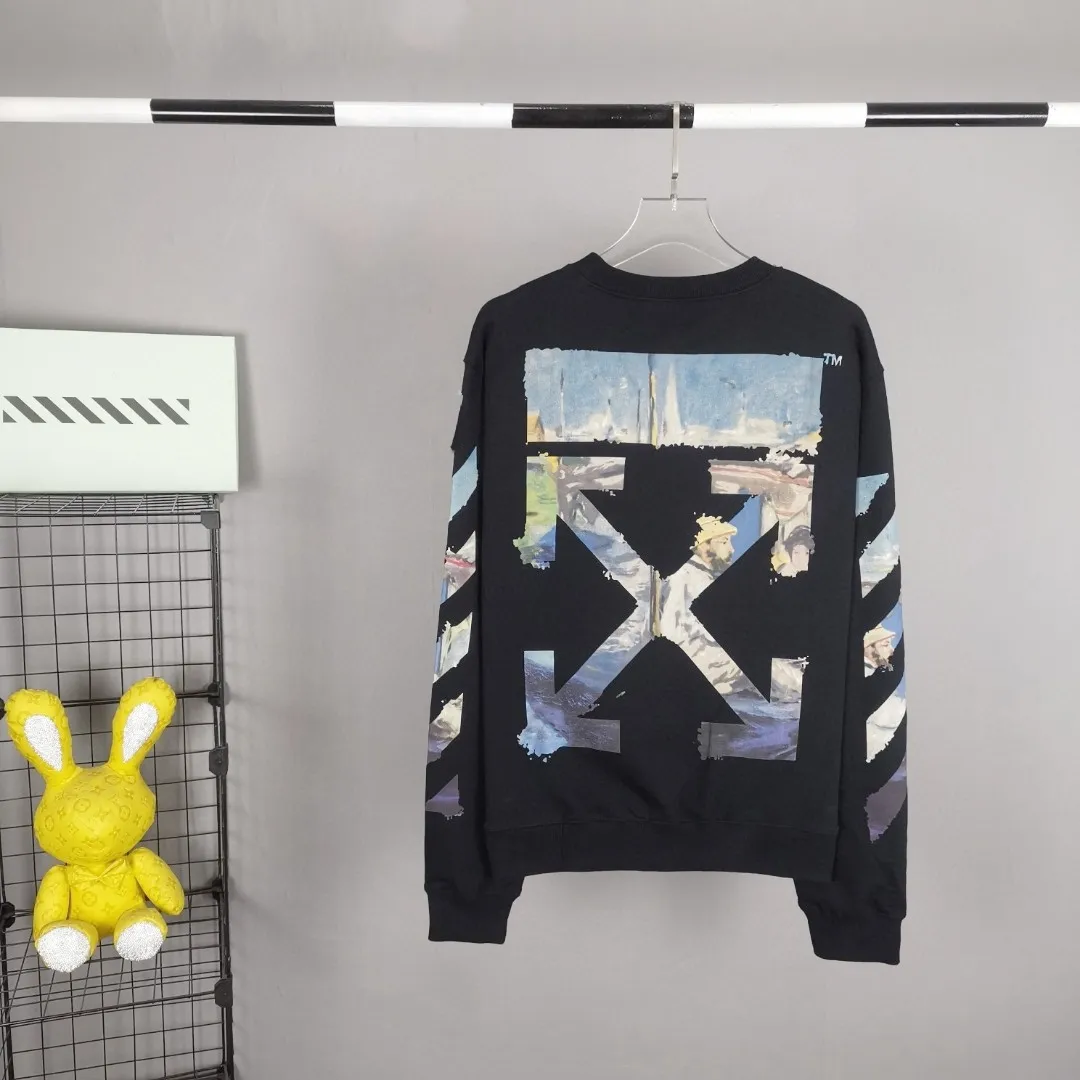 The top tested version OFF WHITE OW, the timeless classic Monet oil painting watercolor graffiti hooded zipper pure cotton loose men and women couples same style round neck sweatshirt overseas hot style, celebrity same style upper body, classic and beautiful oil painting style! World treasures, top famous paintings, walking works of art!  A good product starts with the fabric of the clothes. Our fabrics are pre-shrunk with epoxy water before leaving the fabric factory. After the fabrics are dried, they will have a light fragrance. Who can do this? The printing uses an imported 16-head white ink color drawing integrated direct printing machine + discharge dyeing process, which is completely consistent with zip. It effectively guarantees the perfect printing texture and visual effect. The multi-layered hollow points in the printing pattern are all manually modified, and the alignment is consistent to identify the first eye-catching point.   From the beginning of 2019 to now, a total of 100,000+ have been shipped. It can be said that this model is made to perfection. The basic purchase price for foreign purchasing agents is 50+, and the repurchase rate is 100%. The details, fabrics, and printing can be said to be completely restored, a true top version!  Let’s talk about the reason for 100,000+ sales! First, you can see the products we make, and all the identification details are in place. 1. The 4 hollow points on the printed character hat are identification details. During the scan, many manual modifications were required, and a hollow point was exposed, which was a fake at first glance. This is hollow, not black dot printing. 2. Printing is a combined process of discharge dyeing + direct injection! Both the black and white prints can be pulled apart, and the prints will not be damaged by loosening and rebounding. The dye is completely integrated into the fabric. 3. The fabric is 480 grams of custom-dyed fish scale terry cotton fabric, which has an excellent hand feel. 4. The collar label is embossed and has a hand-feeling effect! Definitely not an embroidery label, nor a blue label. 5. The tag rope is hung vertically from the collar. The rope is 120CM long, not a side rope. It is full of details. 6. Details, the main picture is actually shot. If you are worried about what you have seen, you can directly compare it with the pictures of my home and the official website. Fearless of all comparisons. 7. Customized pull tabs with engravings and hat rope bells with engravings! These are the details of the identification.   Size: XS-L Color: Black Off-White P:360